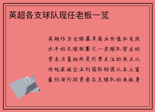 英超各支球队现任老板一览
